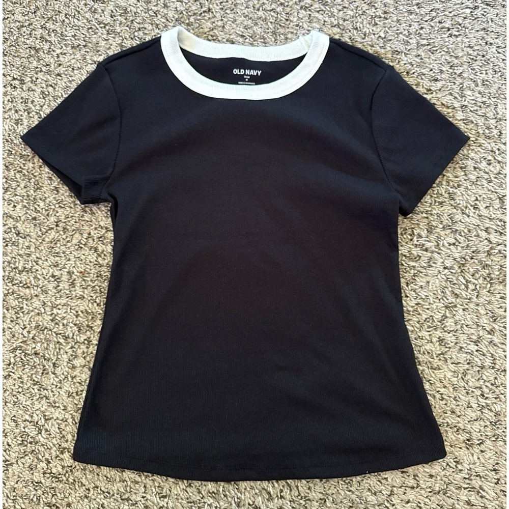 Old Navy Women's Black White Collar Snug‎ Ribbed Short Sleeve Tee Size Medium